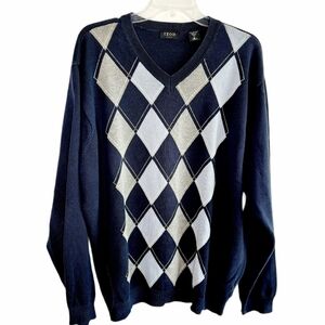 Izod Golf  V Neck Sweater Argyle Navy Blue Gray
